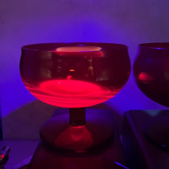 Vintage MCM Block Crystal Ruby And Amber Brandy Glasses With Cadmium Glow 1960's - Picture 15 of 17
